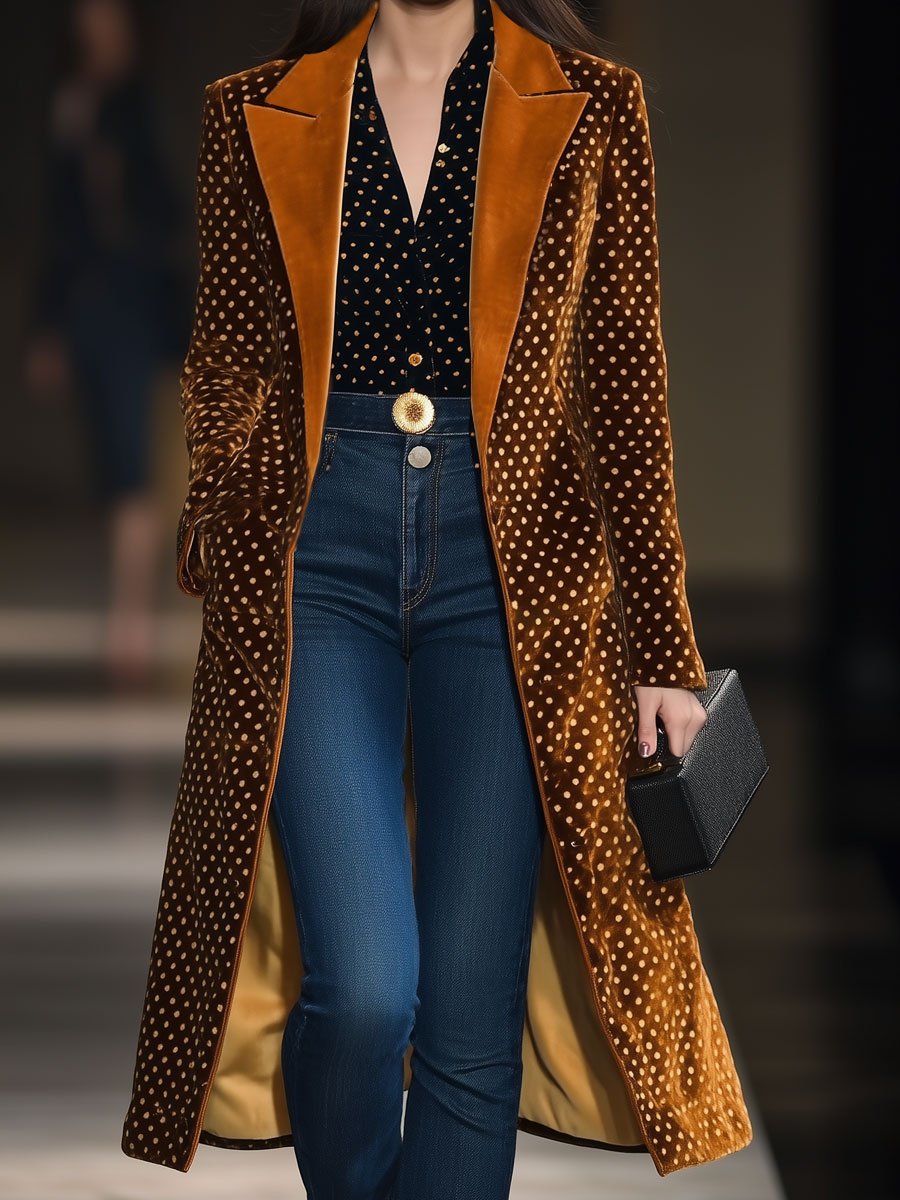 Casual Loose Retro Velvet Polka Dot Color Matching Lapel Long Coat