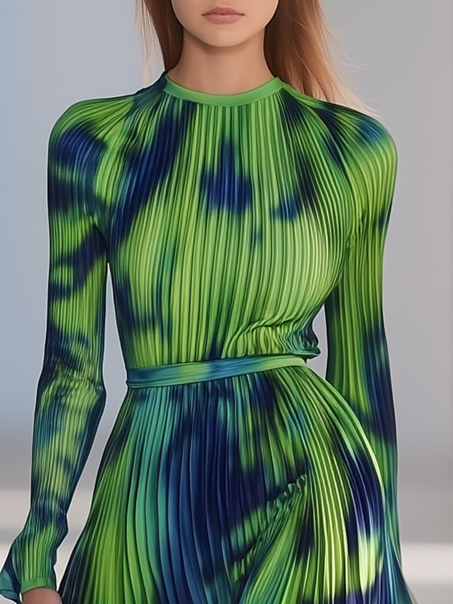 Fashionable and Personalized Blue and Green Abstract Printed Pleated Midi Dress