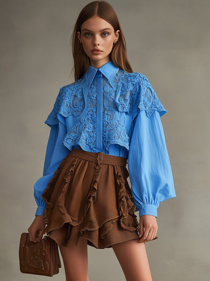 Casual Romantic Blue Lace Cotton Puff Sleeve Shirt