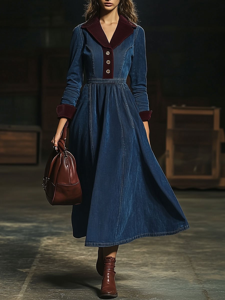 【24-hour shipping】Casual Retro Contrast Color Corduroy Stitching Elastic Waist Long Sleeve Midi Dress