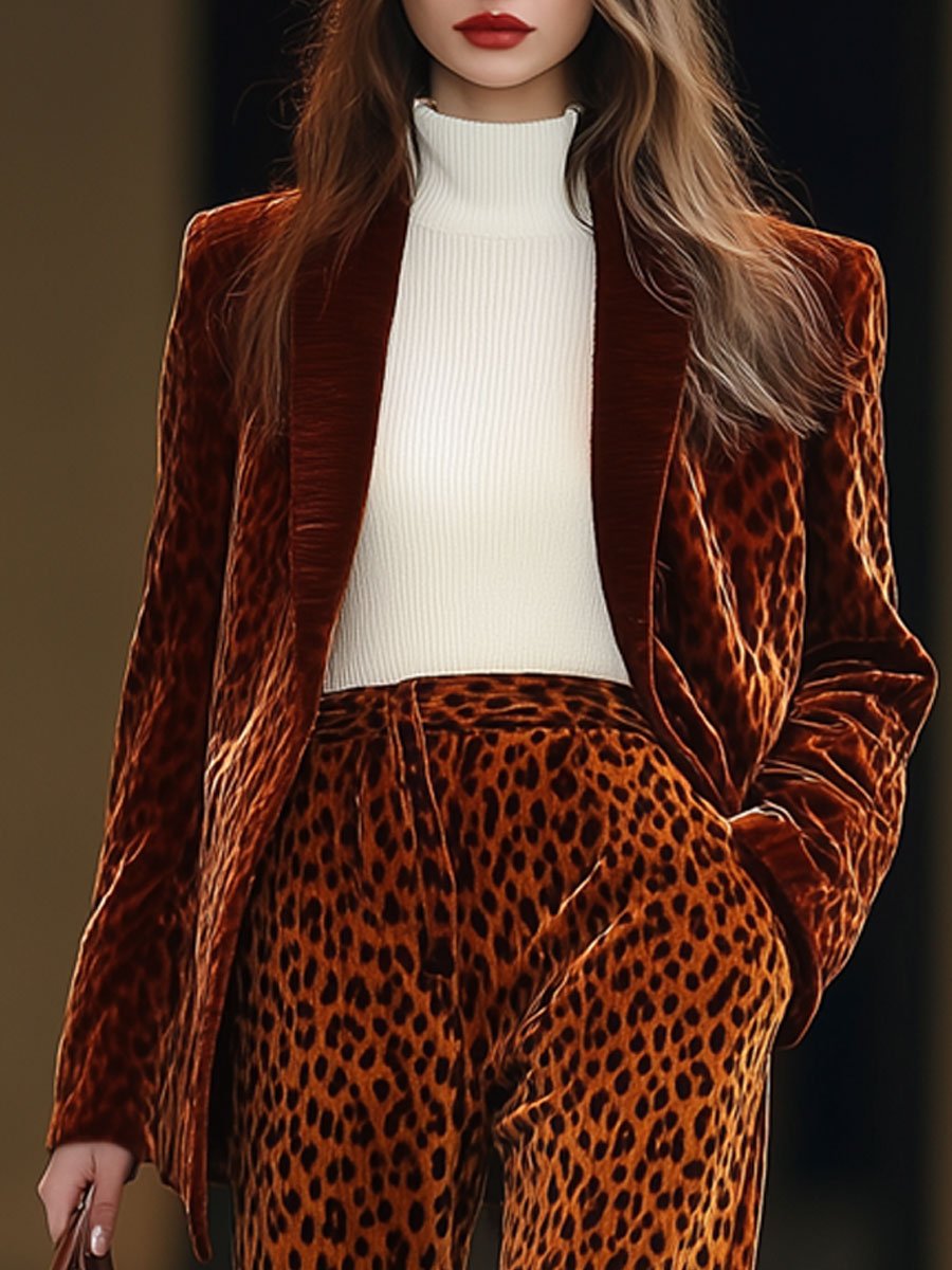 Casual Loose Vintage Velvet Leopard Print Lapel Blazer