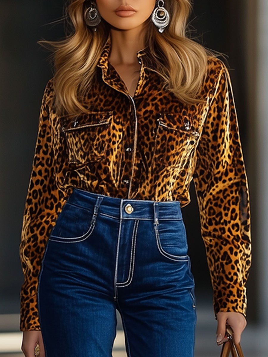 【24-hour shipping】Casual Loose Vintage Velvet Leopard Pocket Long Sleeve Blouse