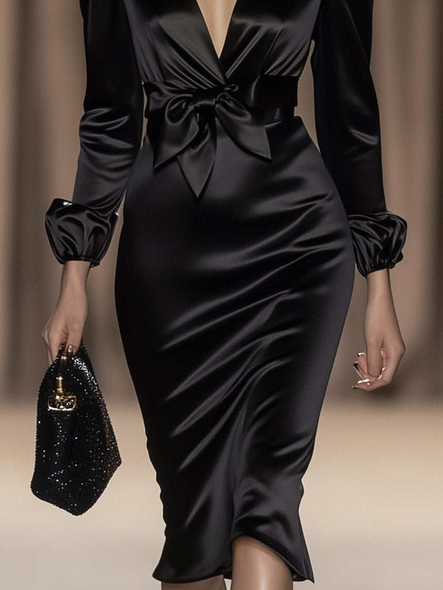 Elegant and Sexy V-neck Black Satin Puff Shoulder Long-sleeved Midi dress