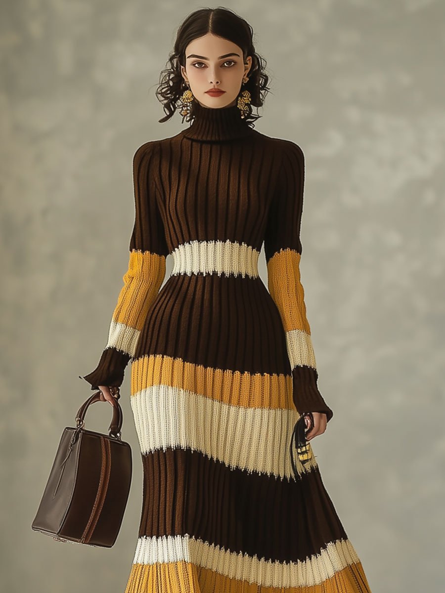 Fashion Retro Striped Knitted Turtleneck Long Sleeve Maxi Dress