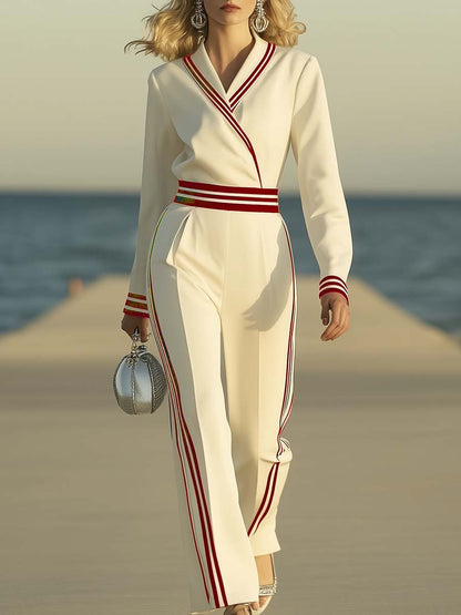 Elegant and Fashionable V-neck Sailor Style Red Trim White Jumpsuit