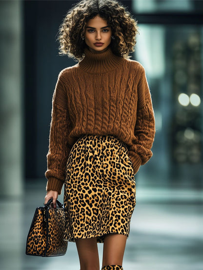 Casual Retro Elastic Waist Leopard Velvet Skirt