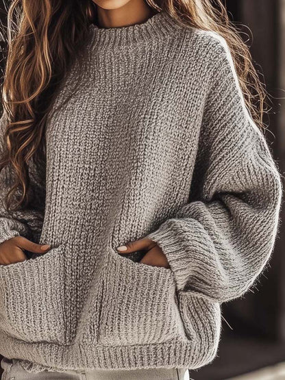 Retro Fashion Round Neck Pocket Pullover Sweater