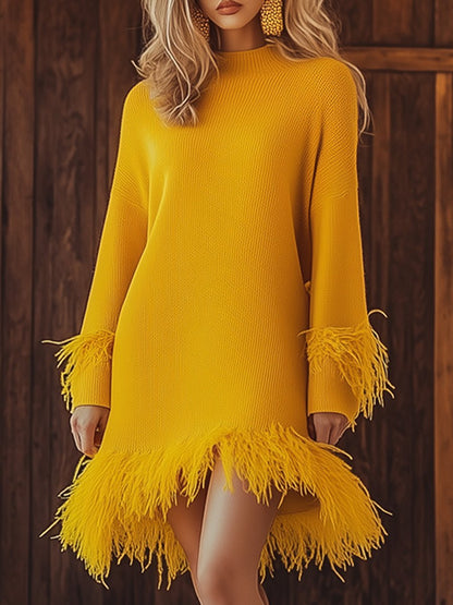 High-End Loose Fashionable Elegant Stitching Feather Knitted Dress