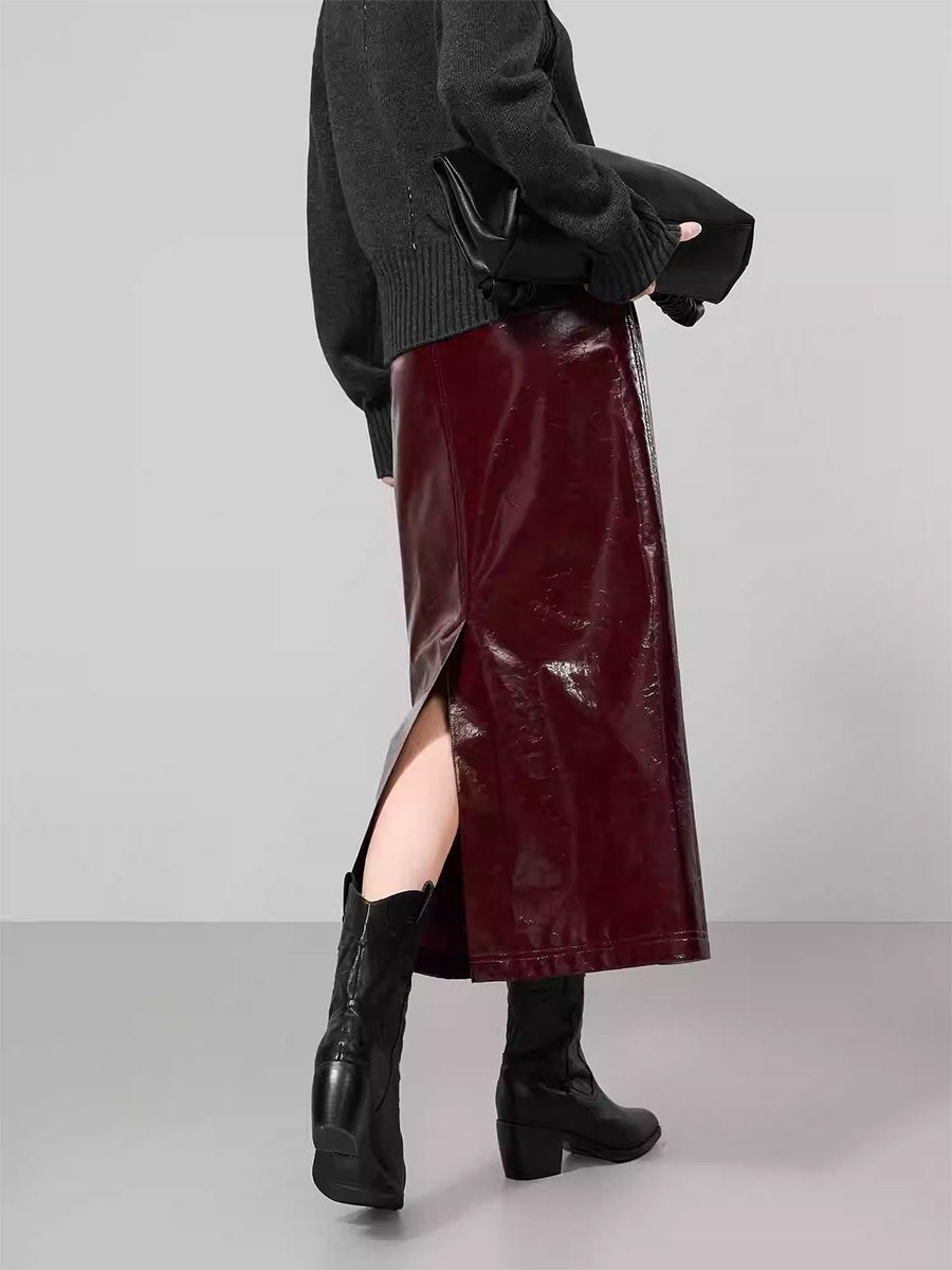 High-End Fashion Temperament Exquisite Shiny Long Leather Skirt