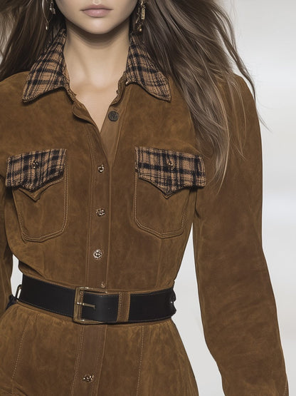 Classic and Innovative Stitching Plaid Shirt Belt Brown Suede Mini Dress