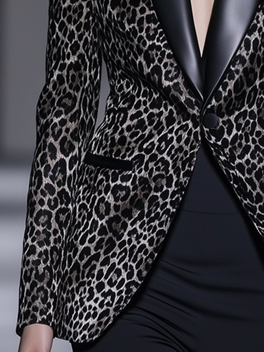 High-End Fashionable Color-Blocked Lapel 3d Leopard Print Leather Suit