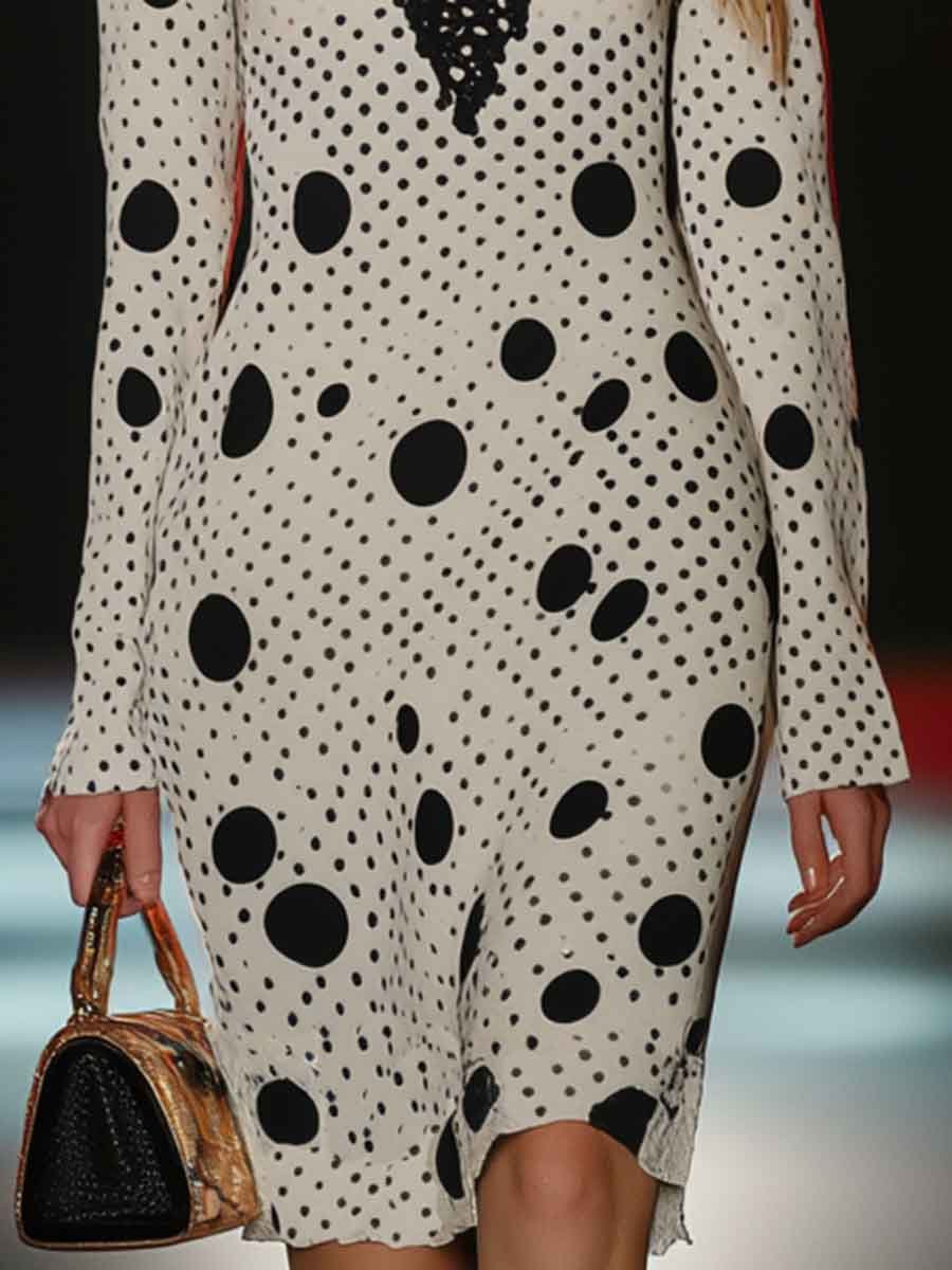 Elegant and Chic Lace Half-high Collar Polka Dot Midi Dress