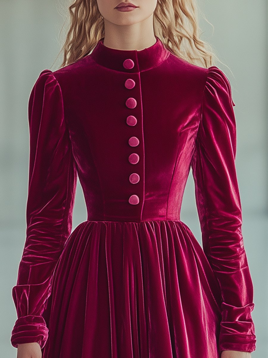 Elegant Small Stand-up Collar Rose Red Velvet Long-sleeved Maxi Dress