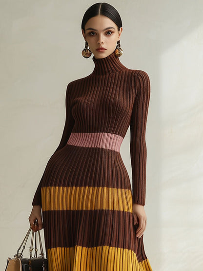 Fashion Loose Retro Color Striped Knitted Turtleneck Midi Dress