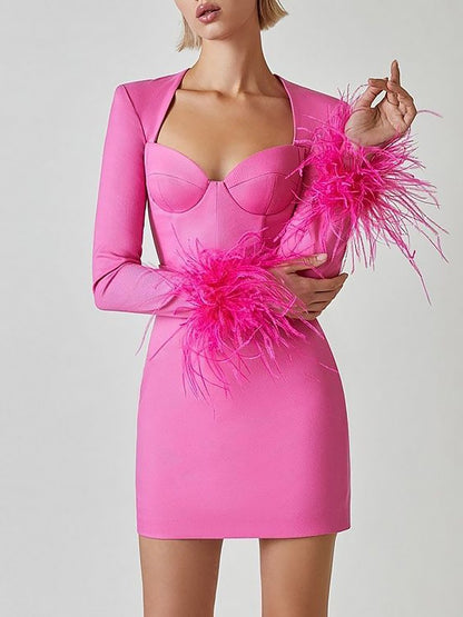 High Fashion Ostrich Feather Paneled Sleeve Barbie Pink Mini Dress