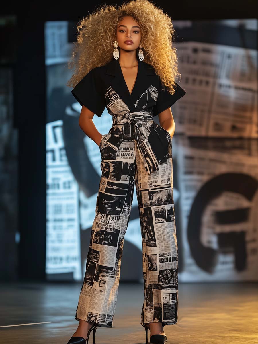 Fashionable and Personalized V-neck Tie Newspaper Print Jumpsuit