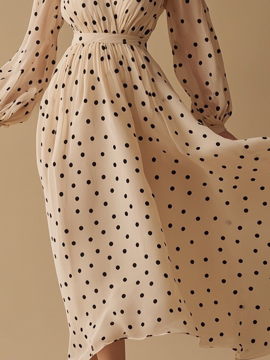 Romantic Polka Dot V-neck Beige Long Sleeve Maxi Dress