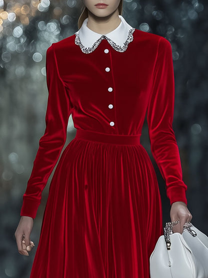 Fashion Retro Red Velvet Colorblock Long Sleeve Shirt Midi Dress