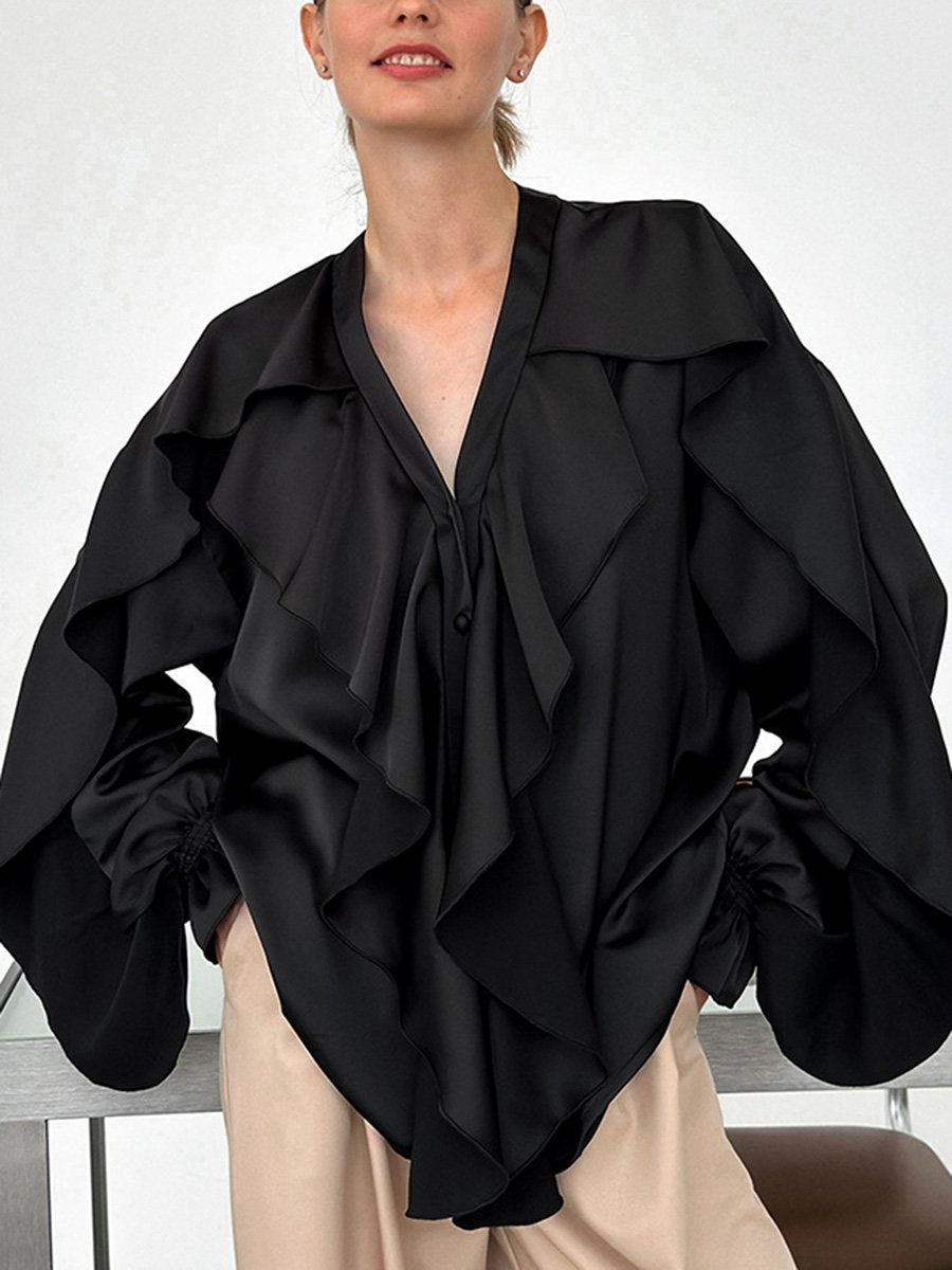 French V-Neck Ruffled Puff Sleeve Satin Long-Sleeved Shirt