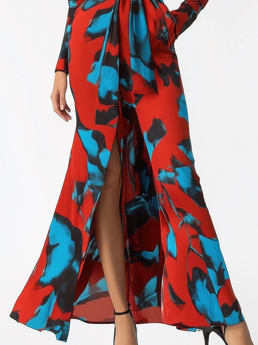 Fashionable Blue Abstract Print Red Lapel Chiffon Maxi Dress