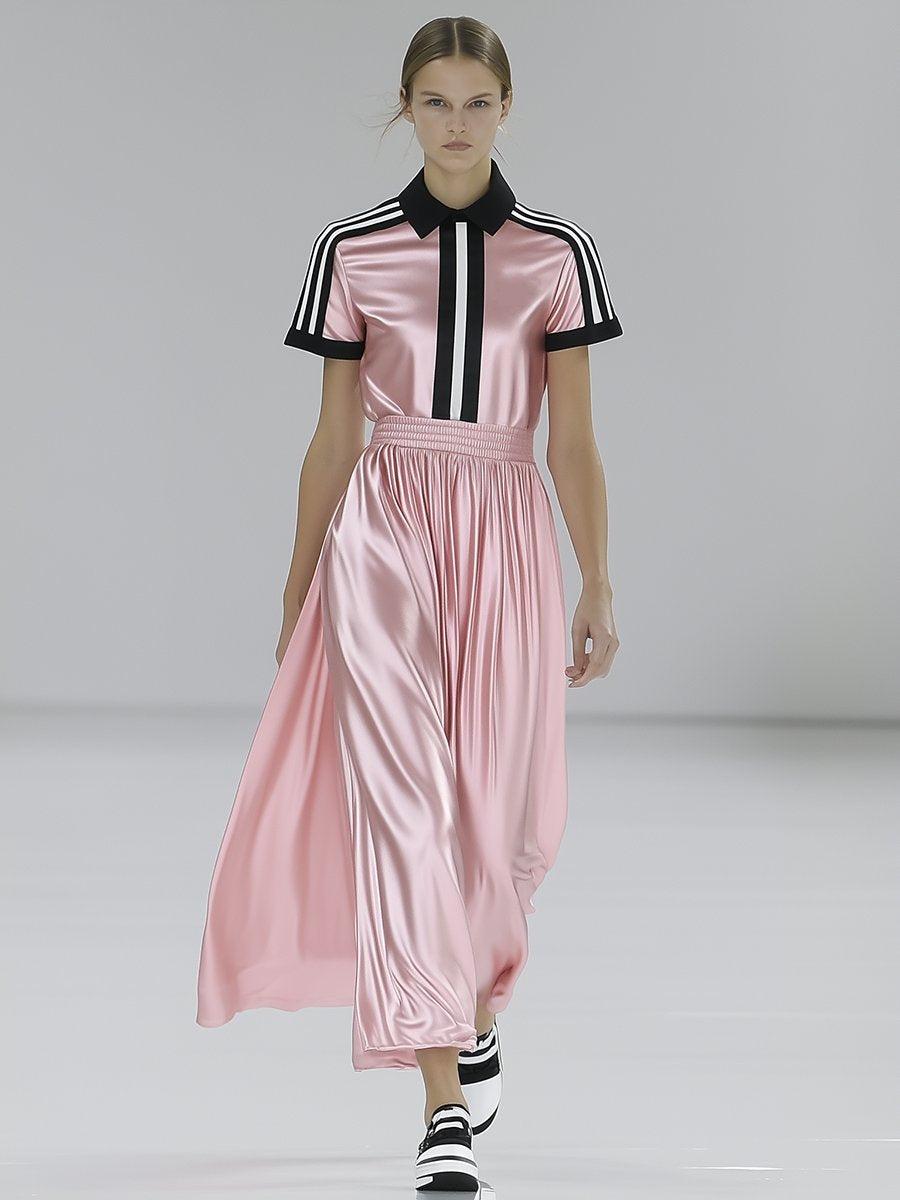 Elegant Polo-neck Black and White Striped Pink Satin Short-sleeved Maxi Dress