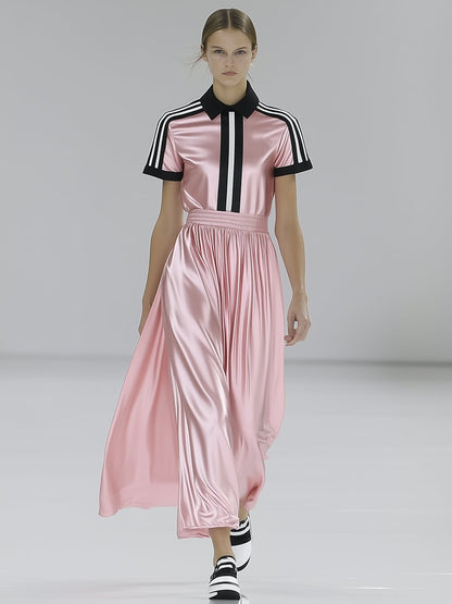 Elegant Polo-neck Black and White Striped Pink Satin Short-sleeved Maxi Dress