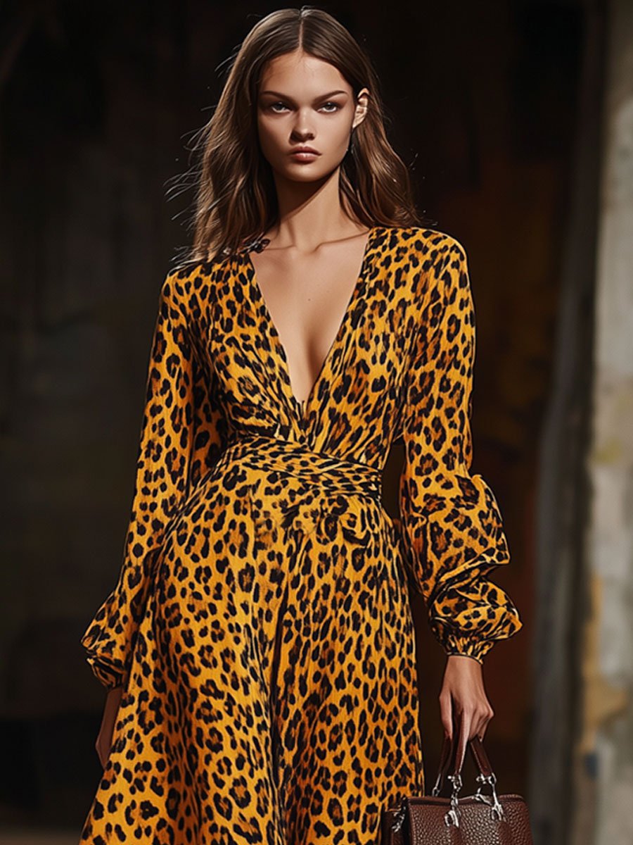 V-Neck Fashionable Party Leopard Print Velvet Long-Sleeved Midi Dress