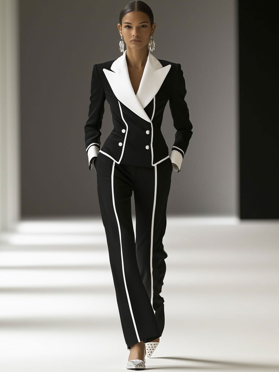 Casual Retro Black and White Suit Jacket Pants Set