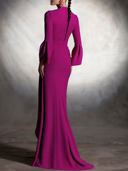 Fashion Party V-neck Pleated Trumpet Long Sleeve Maxi Dress