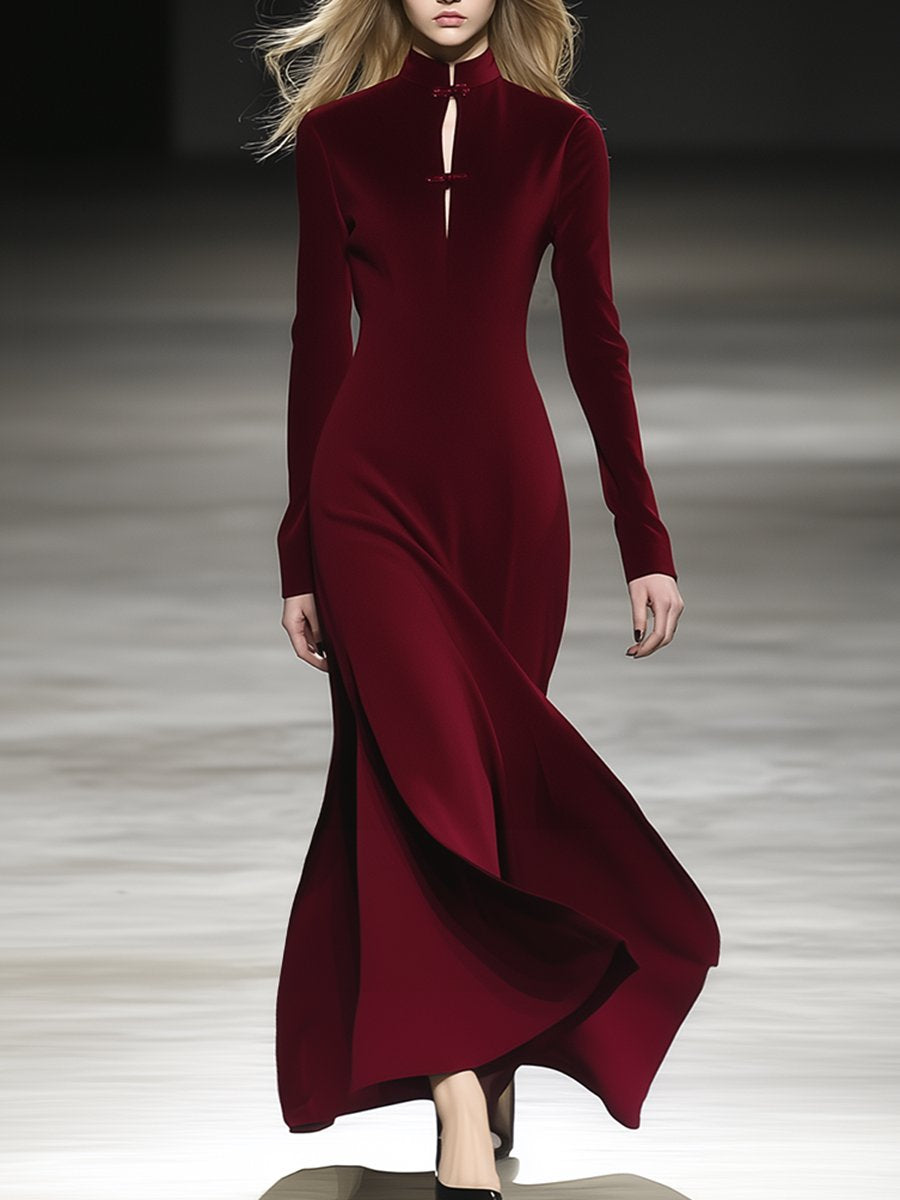 High-End And Elegant Stand-Up Collar Hollow Velvet Maxi Dress