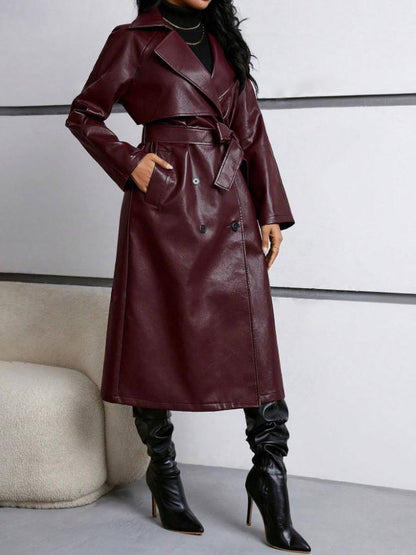 High-End Loose Fashionable Elegant Lapel Belt Long Leather Trench Coat