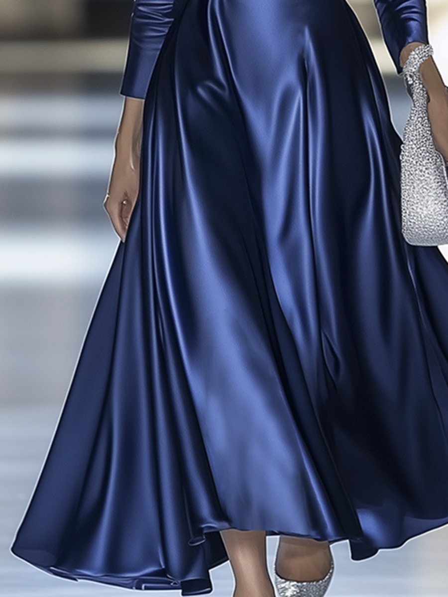 High-End And Elegant V-Neck Blue Satin A-Line Skirt Dress