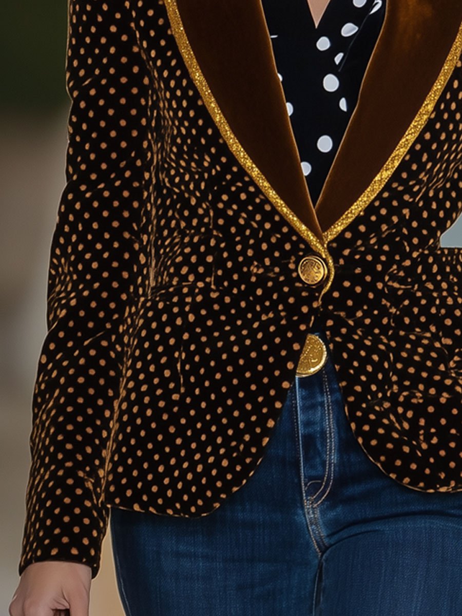 Casual Loose Retro Velvet Polka Dot Gold Edge Lapel Blazer