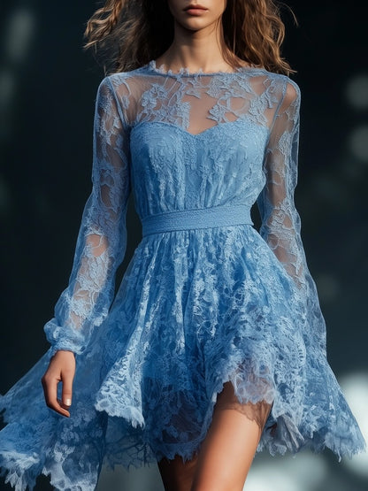 Elegant and Charming See-through Neckline Blue Lace Mini Dress