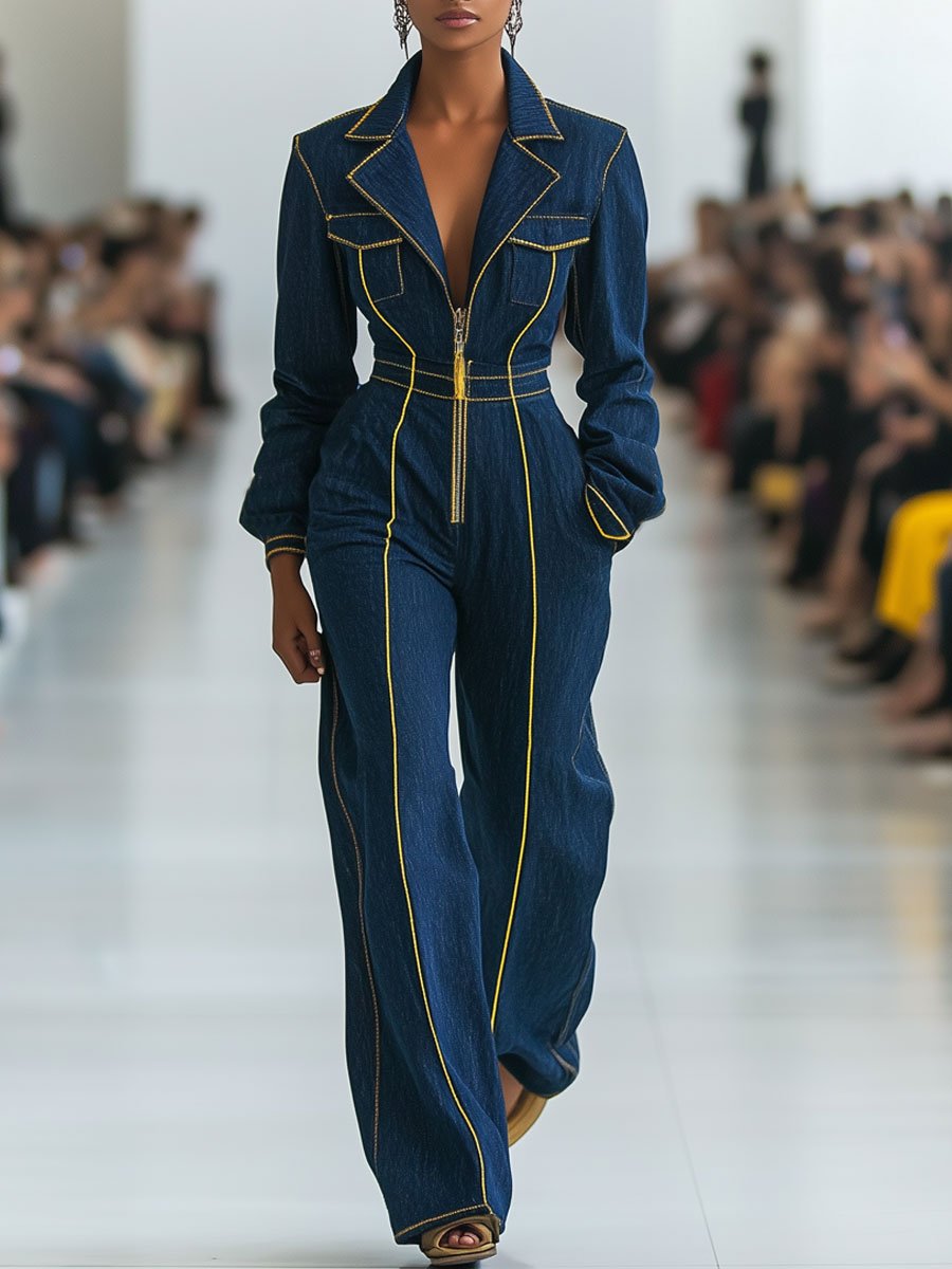 【24-hour shipping out】Casual Retro Contrast Color Line Long Sleeve Denim Wide Leg Jumpsuit
