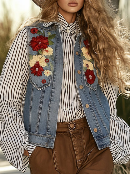 Retro Casual Fashionable Embroidered Light Denim Vest