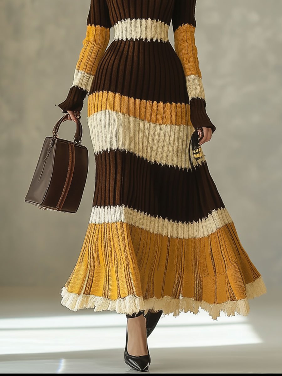 Fashion Retro Striped Knitted Turtleneck Long Sleeve Maxi Dress