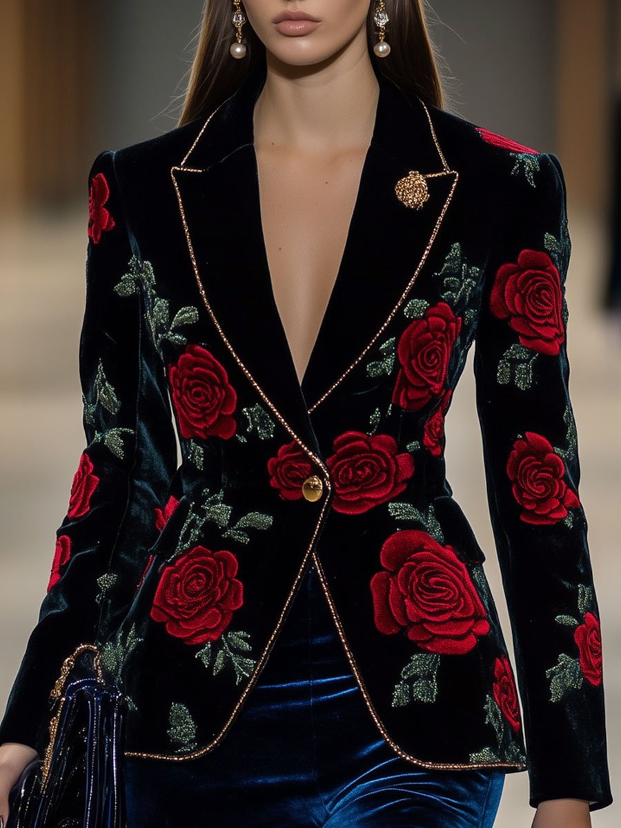 Casual Loose Vintage Velvet Red Rose Print Colorblock Lapel Blazer