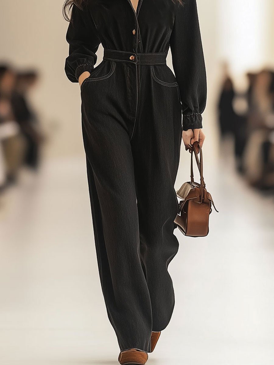 Casual Retro Black Denim Lapel Wide-Leg Jumpsuit