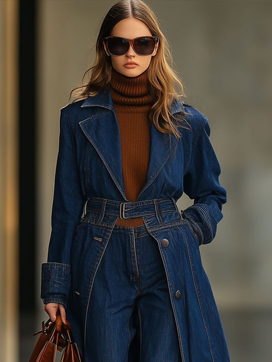 Casual Loose Retro Lace-Up Ultra-Long Dark Blue Denim Trench Coat