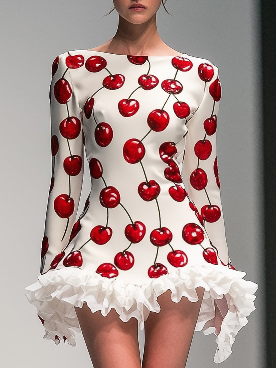 Fashion Cherry Printed Boat Collar White Satin Mini Dress