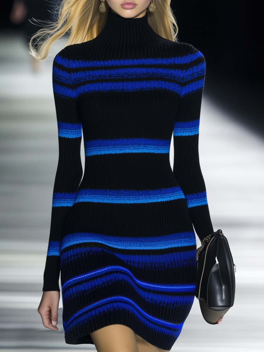 Elegant High-neck Blue and Black Contrast Knitted Mini Dress