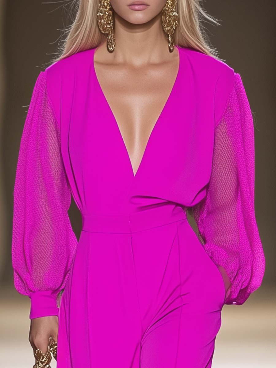 Fashionable Eye-catching V-neck Mesh Sleeve Hot Pink Jumpsuit