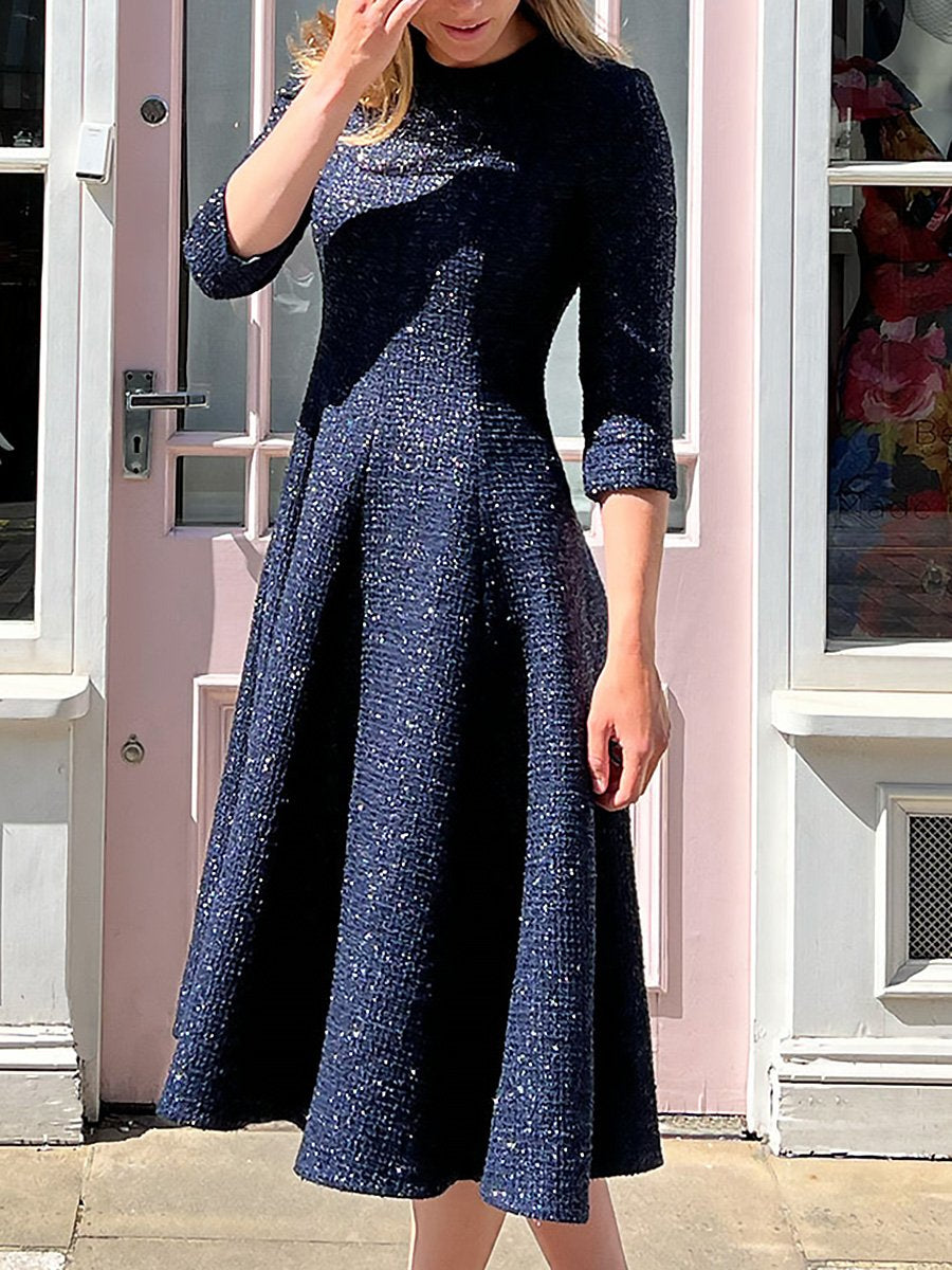 Elegant High-End Tweed Round Neck Midi Dress