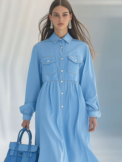 Casual Loose Blue Denim Long Sleeve Shirt Vacation Maxi Dress