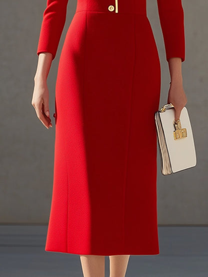 High-End Fashionable Temperament Contrasting Collar Red Woolen Midi Dress