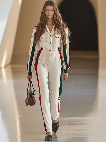 Casual Loose Retro Velvet Red And Green Striped Multi-Pocket Long-Sleeved Jumpsuit