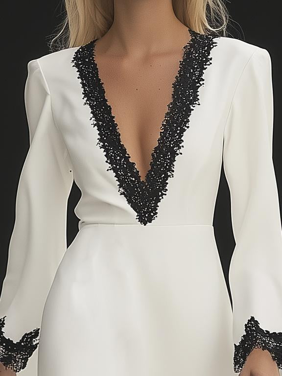 Elegant Black Lace Trim V-Neck White Long Sleeve Mini Dress