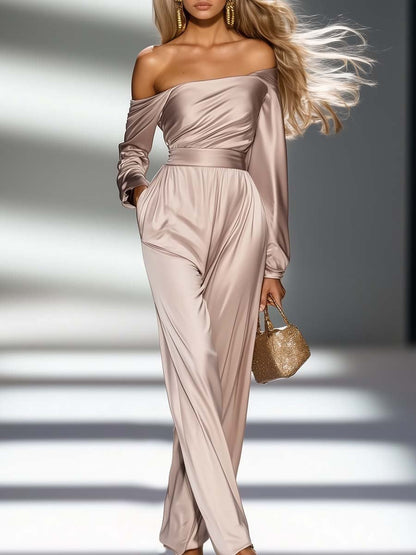 Elegant and Stylish Off-the-shoulder Champagne Satin Jumpsuit