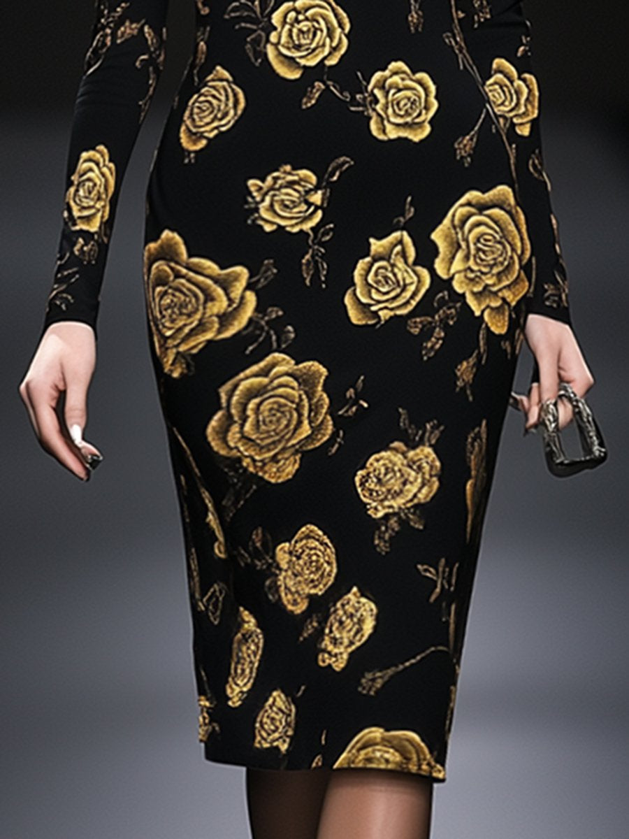 Elegant And Fashionable Slim Fit High Neck Gold Rose Print Midi Dress